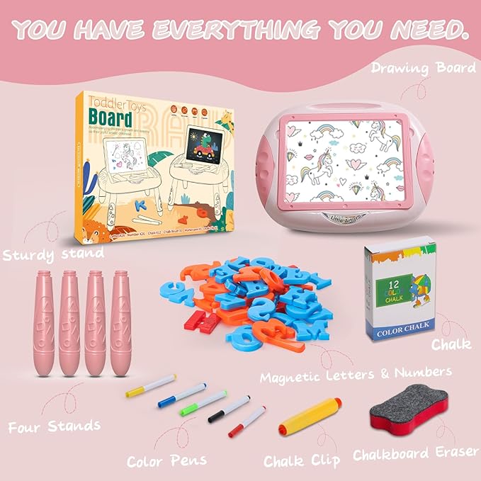 Gift for 1-2 Years Old Girl, Girl Toys with Magnetic Letters and Numbers, Portable Doodle Board Easel, Learning and Educational Toy for 1-2 Years Old Girls (Pink Red)
