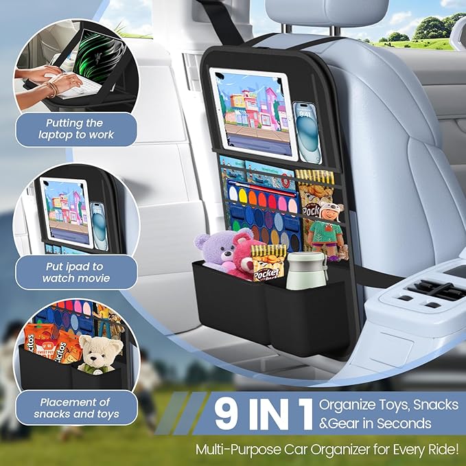 Oneyus Car Backseat Organizer with table Tray, 9 Storage Pockets Backseat Car Organizer with Tablet Holder, Back seat Organizer for Kids Road Trip Essentials Travel (1Pack)