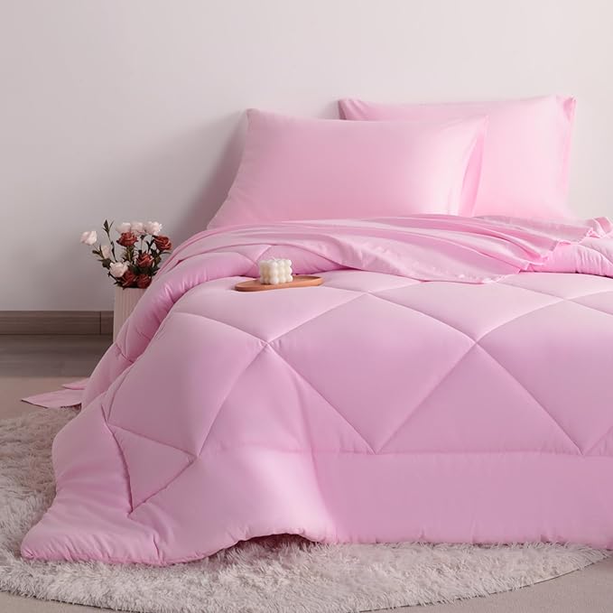 FLXXIE 5 Pieces Toddler Bedding Set, Soft and Breathable Microfiber Crib Sheet Set, Includes Quilted Comforter, Flat Top Sheet, Fitted Sheet, Envelope Pillow Case for Boys and Girls, Pink