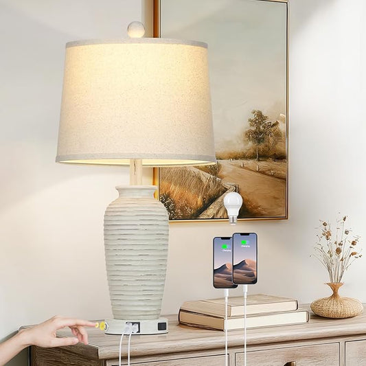 CINSARY 25" Retro White Farmhouse Jar Table Lamps for Living Room, 3 Way Touch Control Rustic Bedside Lamps with USB A+C Ports & AC Outlet, Pot Nightstand Lamps for Bedroom (LED Bulbs Included)