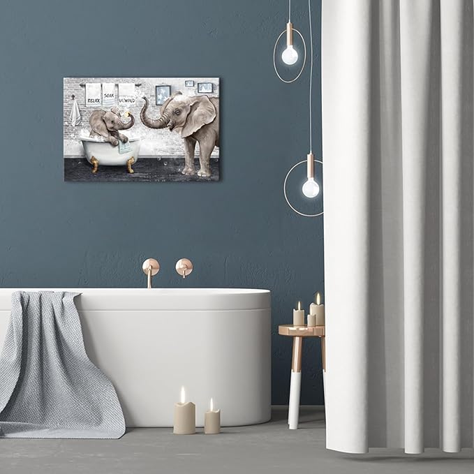 Artsbay Elephant Bathroom Wall Art Animal In Bathtub Pictures Funny Bathroom Canvas Prints Artwork For Kids Nursery Washroom 16x24inches
