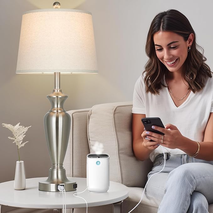 Cinyirong 30" Tall Silver Table Lamp for Living Room, 3-Way Dimmable Touch Control Bedside Lamp for Bedroom Nightstand with USB A+C Ports & AC Outlet (1 Pack)