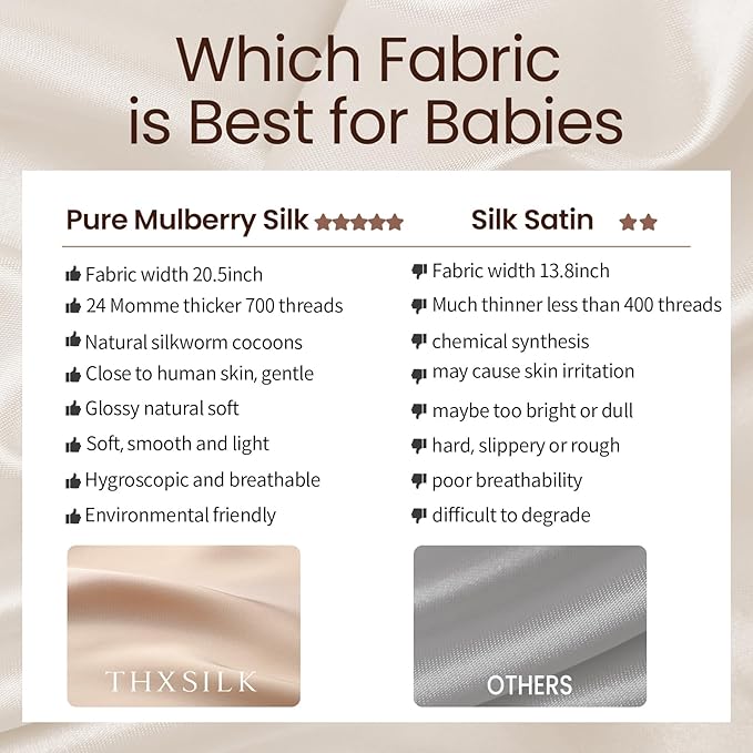 THXSILK 100% 7A+ Grade Mulberry Silk Mini Crib Toddler Baby Bedding Sleeve for Hair and Skin Health, Oeko-TEX Certified Safety Comfortable 41.4inch*20.5inch, Champagne 2 Pack