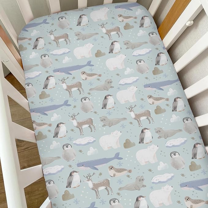 Cute Frosty Arctic Animals Baby Crib Sheets for Boy Girl Bear Penguins Deer Whale Snowflakes Soft Snug Fitted Crib Mattress Covers for 52x28 Standard Crib & Toddler Mattress Snowy Winter Baby Sheets