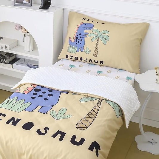 4 Piece Toddler Bedding Set - Ultra Soft Breathable Toddler Bedding Set for Boys, Includes Quilted Comforter, Flat Sheet, Fitted Sheet and Pillowcase(Dinosaur)