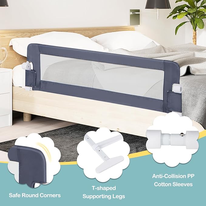 BABY JOY Bed Rails for Toddlers, Extra Long, Swing Down Safety Bed Guard for Convertible Crib, Folding Baby Bedrail for Kids Twin, Double, Full Size Queen & King Mattress (60-Inch, Dark Blue)