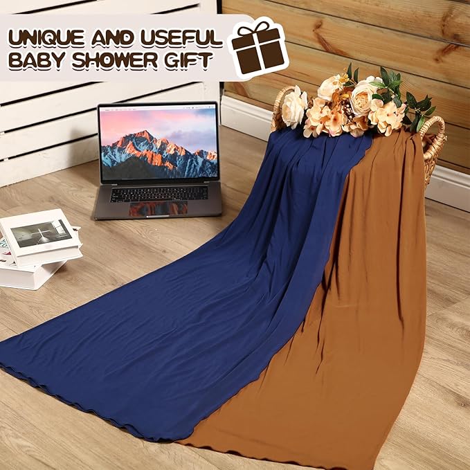 JaGely 2 Pcs Stretchy Baby Swaddle Blankets Set Extra Soft 47" x 47" Baby Newborn Swaddle Blanket and Hat(Navy Blue, Claybank)
