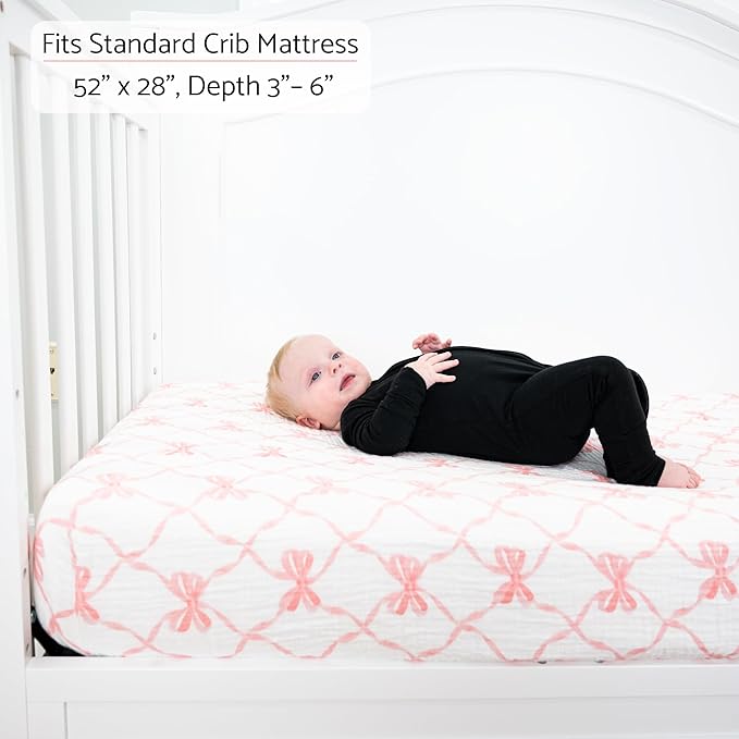 LollyBanks Muslin Crib Sheets 2 Pack, Soft and Breathable 100% Cotton Crib Fitted Sheets for Girls, Cozy and Snug Baby Sheet for Standard 52"x28" Mattress, Registry (Pink Bow and Solid Pink)
