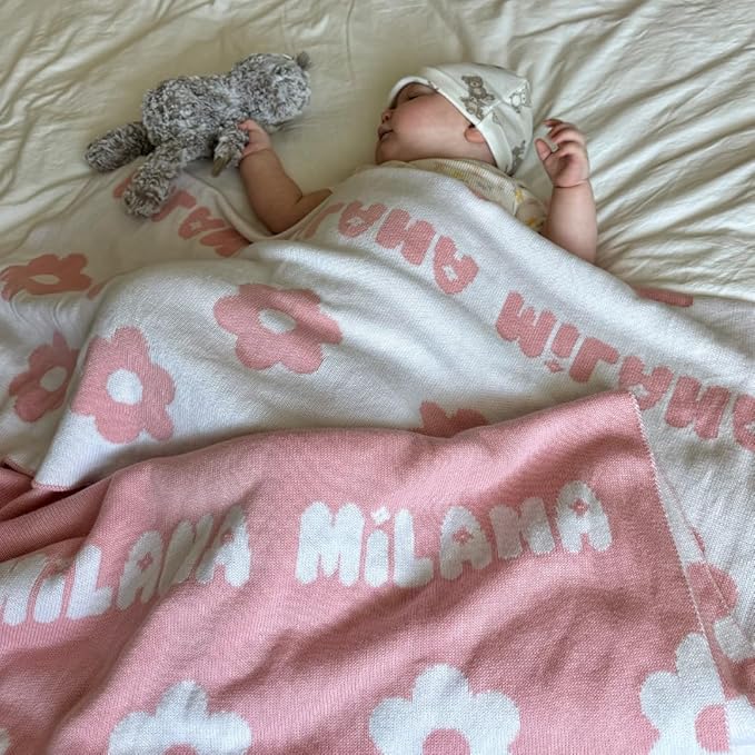 Personalized Icon Pattern Blanket – 100% Organic Cotton Customized Baby Blanket, Custom Name, Crib 36x60, Gift for Baby Shower, Birthday Present, Girls and Boys, Toddlers Kids - Made in America