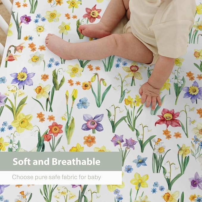 Watercolor Daffodils Flowers Baby Crib Sheets for Boy Girl 28"x52" Colorful Spring Bloom Soft Stretchy Fitted Crib Mattress Covers Garden Floral Summer Baby Sheet for Crib and Toddler Bed Mattresses