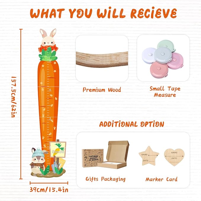 Woodemon Personalized Child Growth Charts,Rabbits and Carrots Wooden Kids Height Wall Chart, Height Measurement for Wall Kids Room Nursery Decor