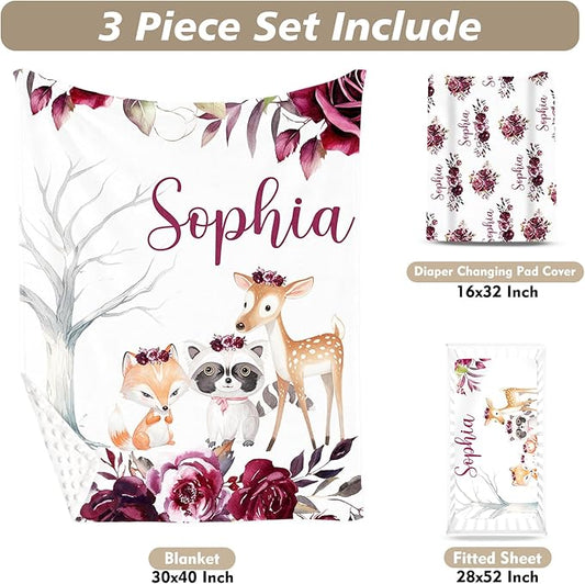 Custom Name Crib Bedding Set 3-Piece – Rose Animal Design Baby Bedding Set with Personalized Soft Blanket, Fitted Sheet, Changing Pad Cover – Ideal Newborn Gift for Boys and Girls