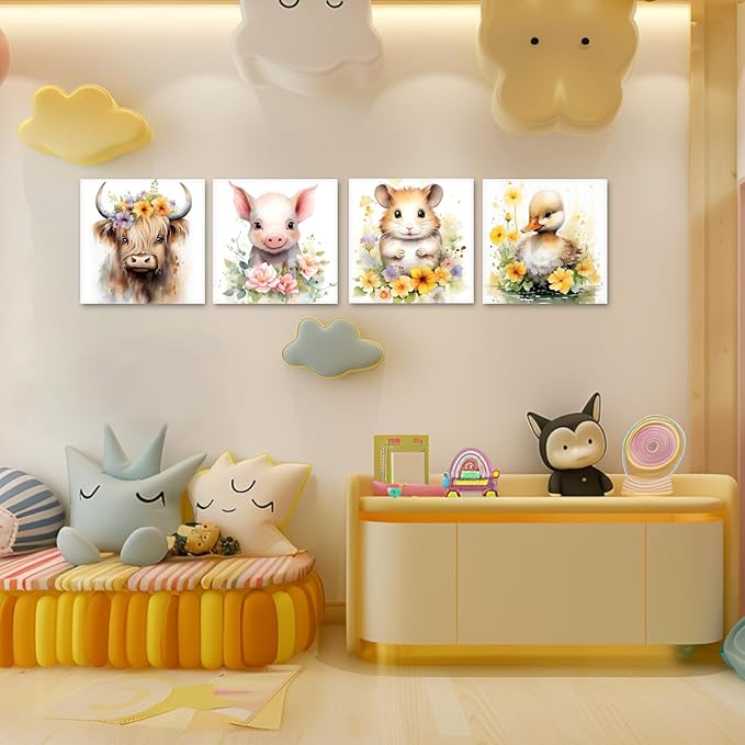 LYUNSHUO Nursery Wall Decor Cute Rustic Farmhouse Animal Canvas Print Wall Art Cow Pig Hamster Duck Poster Artwork for Home Decor Gallery Wrap Ready to Hang(Art-4,16.00"x16.00"x4P)