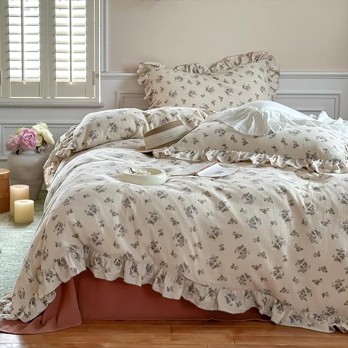 BuLuTu Chic Shabby Vintage Floral Duvet Cover Twin for Kids Girls Boys 100% Cotton Muslin Ruffled Quilt Cover Twin Comforter, 68"x86", Soft Breathable, Zipper Closure, No Pillowcase