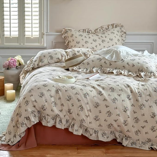 BuLuTu Chic Shabby Vintage Floral Duvet Cover Twin for Kids Girls Boys 100% Cotton Muslin Ruffled Quilt Cover Twin Comforter, 68"x86", Soft Breathable, Zipper Closure, No Pillowcase