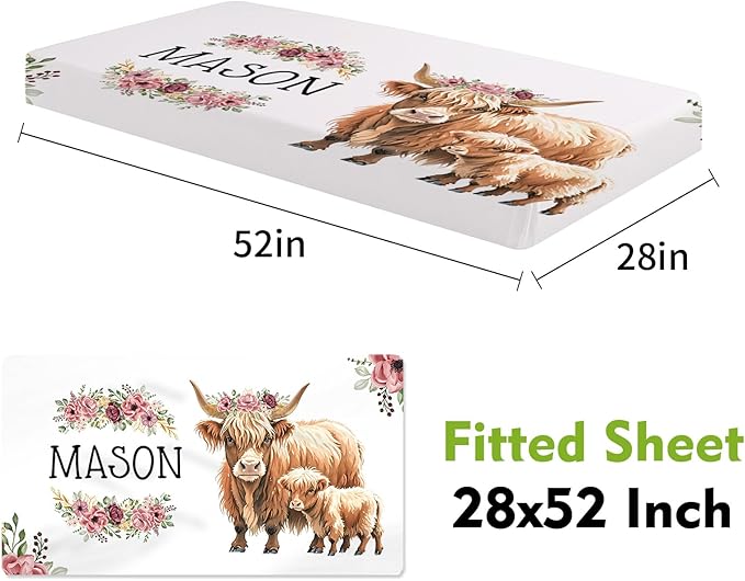 Personalized Crib Bedding Set, Toddler Highland Cow Theme Set with Name, 2 Pcs Baby Crib Set for Infant Baby, Comfort Double Layer Blanket and Crib Sheet, Newborns Gifts for Boys