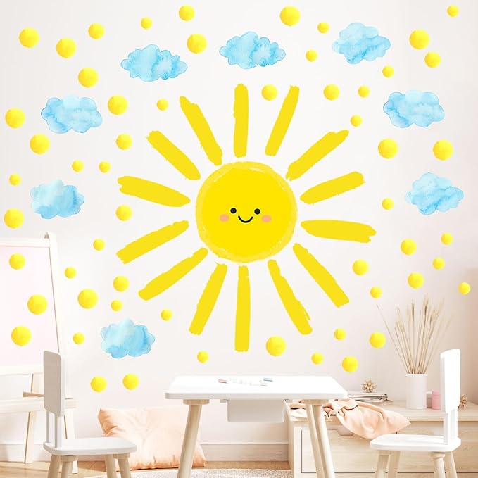 Eutecado Sun Wall Decals Watercolor Cloud Wall Stickers for Kids Room, 12 Sheets Large Sun Cloud Wall Decor Posters Polka Dots Wall Stickers Home Decorations for Girls Room Bedroom Play Room