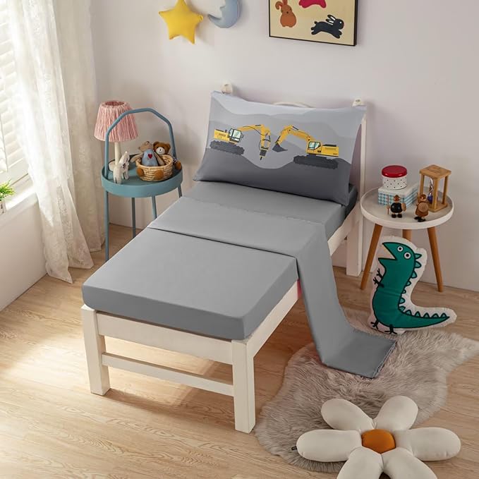 4 Piece Toddler Bedding Set for Boys,Cars Construction Toddler Bed Comforter Set Includes Comforter,Flat Sheet,Fitted Sheet and Pillowcase,Christan Trucks Tractors Bed in A Bag for Kids Bedroom