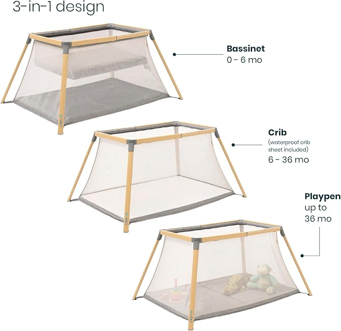Tutti Bambini CoZee® Go 3-in-1 Bassinet, Baby Playpen & Travel Crib with Mattress Included - Lightweight, Breathable & Foldable Baby Play Pen from Birth to 3 Years (Oak & Charcoal)