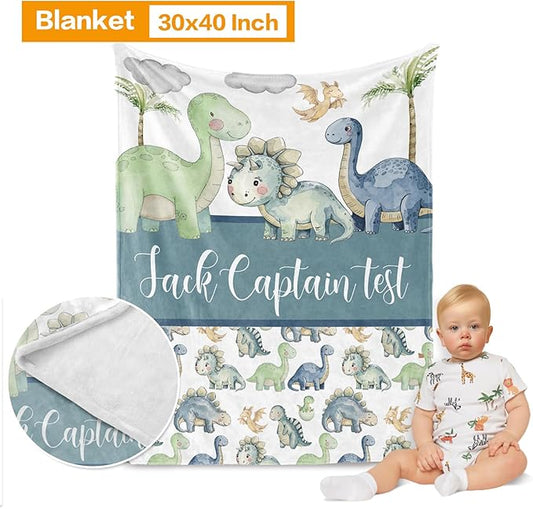 Custom Baby Bedding Set: Personalized Green Blue Dinosaur Bedding, Baby Blanket Fitted Sheet Changing Cover Nursery Rug Gift Idea Room Decor