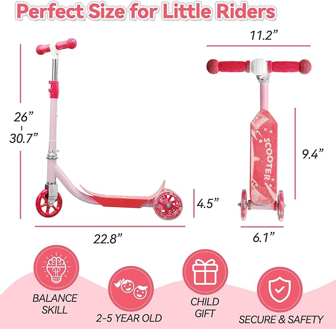 Toddler Scooter, Scooters for Kids Age 3-5, Boy Girl Gift 3-Wheel Kick Scooter with LED Light Up Wheels, Adjustable T-Bar Handle, Cute Deck, Safe Smooth Riding Outdoor, Max 100 lbs, Xmas Box Wrapped