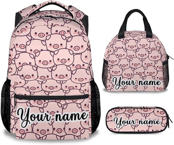 AIOMXZZ Personalized Pig Backpack with Lunch Box and Pencil Case, 16 Inch Cute Pig Bookbag Durable, Lightweight, Large Capacity, Funny Animal Backpack for School Girls Kids Women
