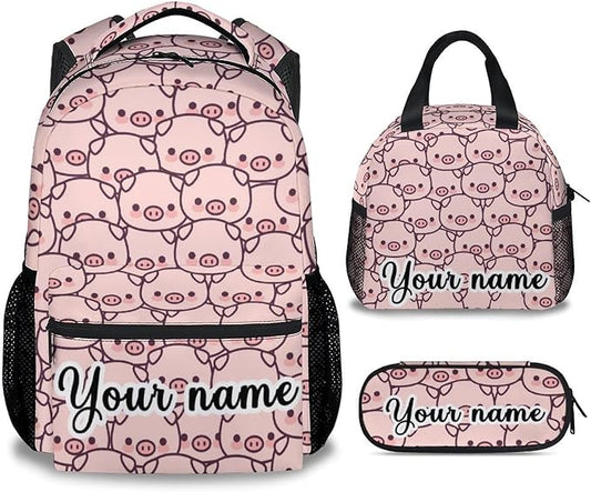 AIOMXZZ Personalized Pig Backpack with Lunch Box and Pencil Case, 16 Inch Cute Pig Bookbag Durable, Lightweight, Large Capacity, Funny Animal Backpack for School Girls Kids Women