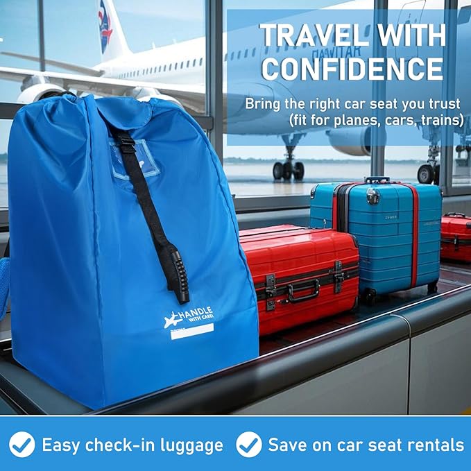 LASUK Car Seat Travel Bag for Airplane, Large Waterproof Car Seat Bags Fits Most Infant Car Seats, Convertible Car Seats, Booster Seats, Car Seat Bases, Adjustable Shoulder Strap, Blue