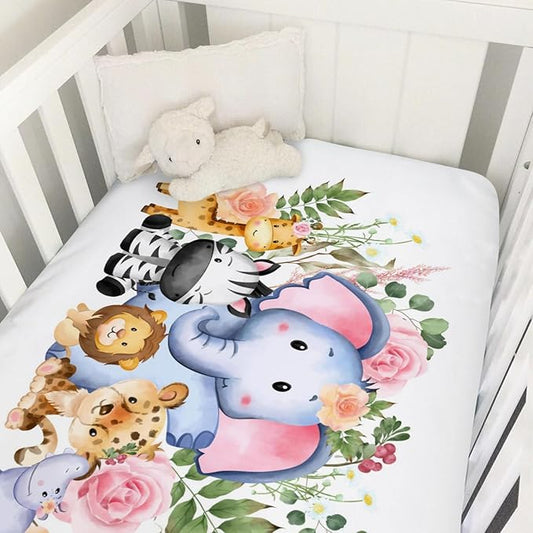 Baby Jungle Safari Animals Tropical Leaves Flowers Baby Crib Sheets 52''x28'' Stretchy Fitted Crib Mattress Sheet for Boy Girl Nursery Baby Crib Sheets for Standard Crib and Toddler Mattress