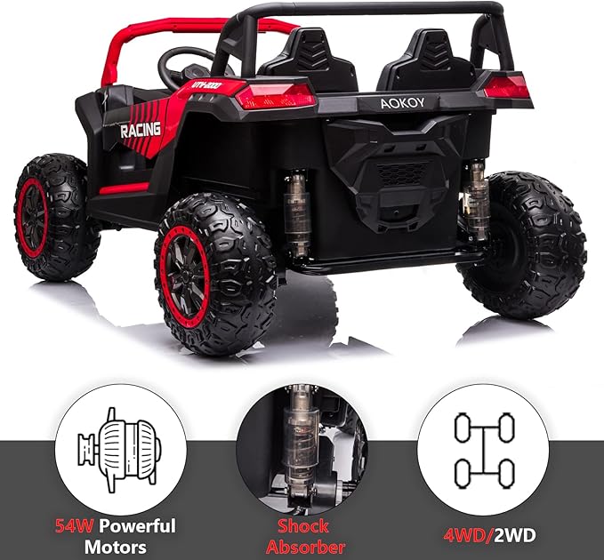 POSTACK 24V Side by Side 2 Seater Ride On Electric Vehicle Car with Parents Remote Control for Kids 4 Wheels Drive Battery Powered UTV Truck Car for Girls Boys with EVA Rubber Compound Tires, Red