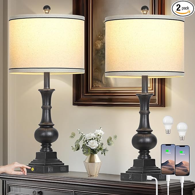 luxeflow Farmhouse Table Lamps Set of 2, Vintage Bedside Lamps with USB A+C Charging Ports & AC Outlet, 26" Rustic Nightstand Lamp for Living Room Bedroom End Table Wash Black(2 LED Bulbs Included)