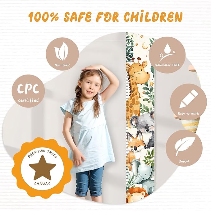 Woodemon Personalized Name Baby Growth Height Chart Handing Ruler Wall Decor for Kids, Animals Canvas Removable Height Growth Chart, Nursery Decor, Toddler Kid Room Decoration, Hangable