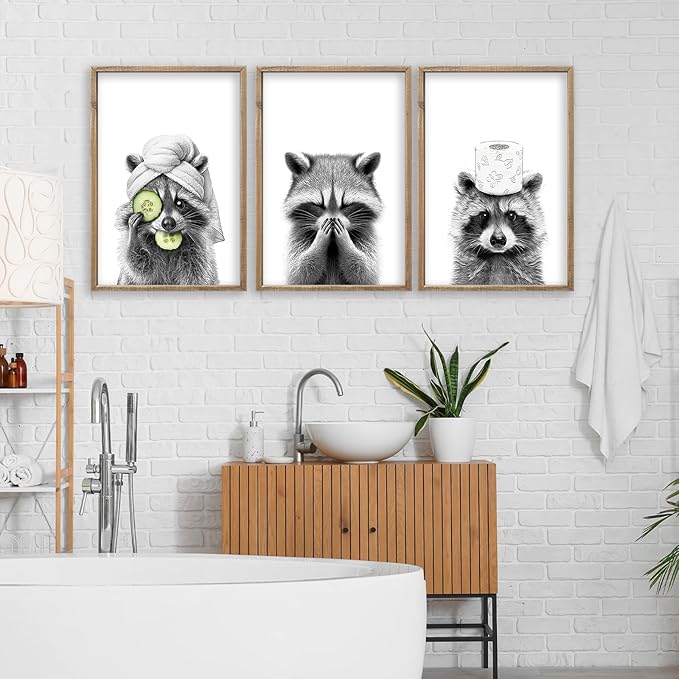 Funny Raccoon Bathroom Wall Decor Art 16x11 Inch Set of 3 Fun Bathroom Modern above the Bathtub Sign Rustic Restroom Farmhouse Cute Washroom Animal Prints Wood Framed Wall Hanging (Wood)