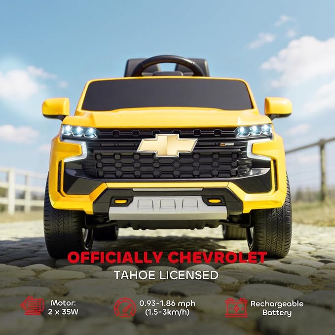 Aosom Licensed Chevrolet Tahoe Ride On Car, 12V 7AH Battery Power Ride On Toy with Parent Remote Control, LED Lights, Music, 4 Wheeler Suspension, 3 Speeds, Kids Electric Vehicle for Aged 3+, Yellow