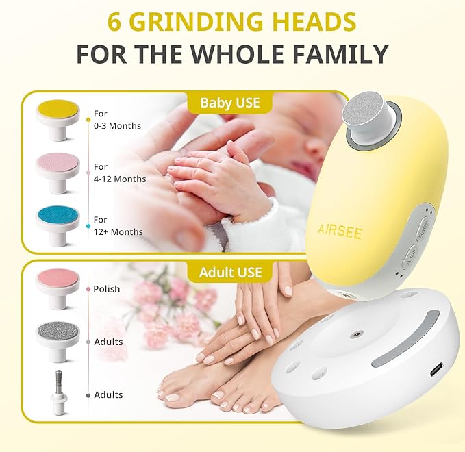 AIRSEE Premium Newborn Gift Electric Baby Nail File, Cordless Safe Nail Trimmer for Infant, 6 Replacement Heads with Magnetic Storage Case, 360° Light, Baby Clipper, Christmas, Soft Yellow
