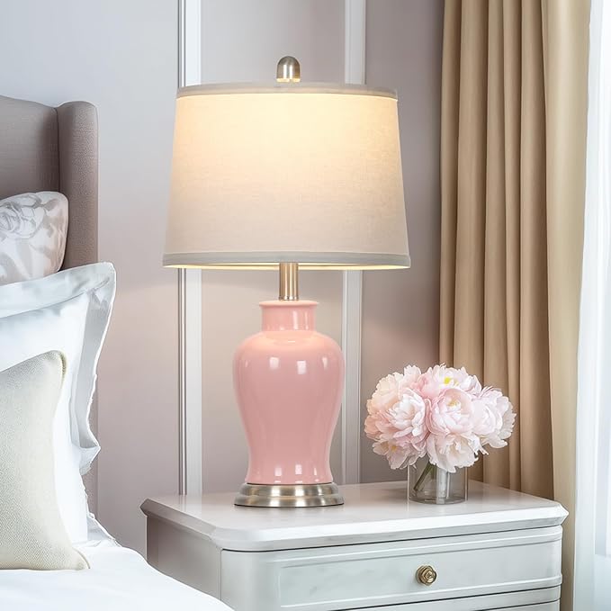 LUXEFLOW 23" Pink Ceramic Table Lamps for Living Room, Modern Ceramic Lamps with Ginger Jar Design, Cute Bedside Lamp Set of 2, Elegant Bedroom Lamp for Nightstand Dining Room Side End Table Homedecor