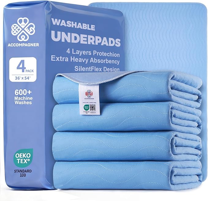 Accompagner Waterproof Reusable for Adults and Pets Washable Pee Pads for Dogs Changing Pad Large Dog Bed Size Adults Incontinence Bed Pads - Non-Slip Leak-Proof (Blue, 4Pack-36" x54")