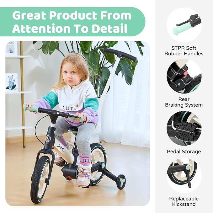 JMMD 6 in 1 Toddler Bike with Push Handle for Kids 18-60 Months, 12" Foldable Balance Bike with Training Wheels, Pedals, Brakes, Kickstand, Push Tricycle Toddler Gift & Toys for Boy & Girl