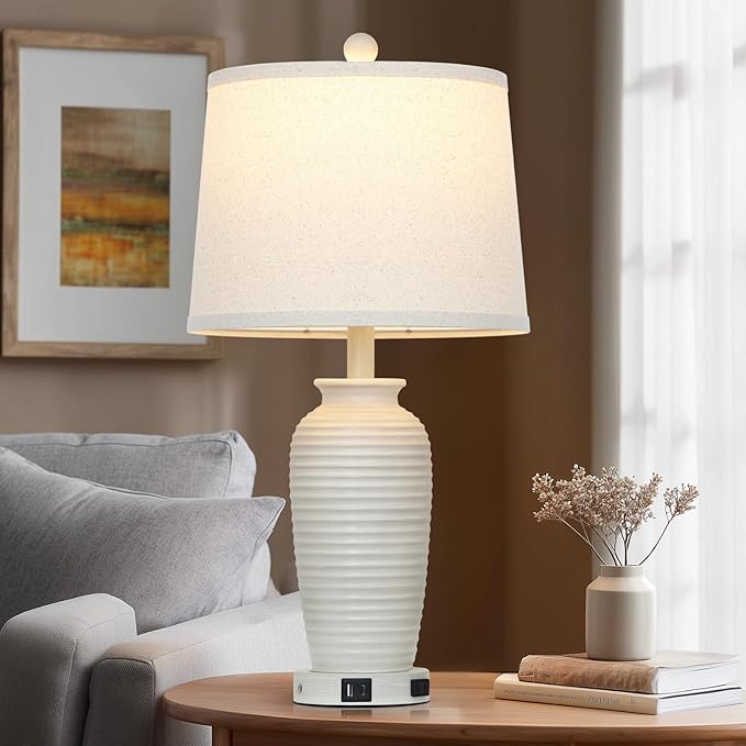 CINSARY 25" Vintage Farmhouse Jar Table Lamps, Single Rustic Bedside Lamp with USB A+C Ports & AC Outlet, Nightstand Lamps for Living Room, Bedroom, End Table, Cream(LED Bulb Included)