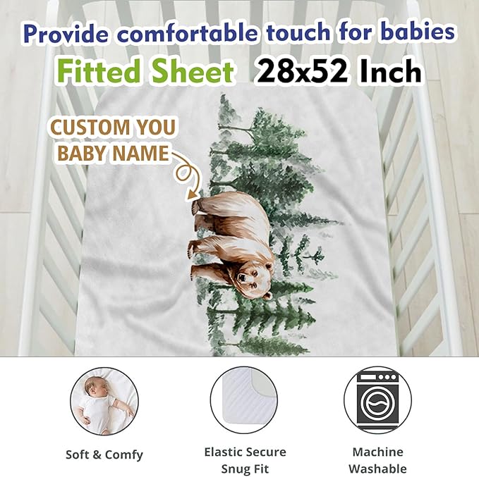Woodland Bear Theme Personalized Crib Bedding Set - 2 Piece Custom Name Crib Set with Blanket and Crib Sheet for Infant, Crib Set for Newborns Infant, Comfort and Soft