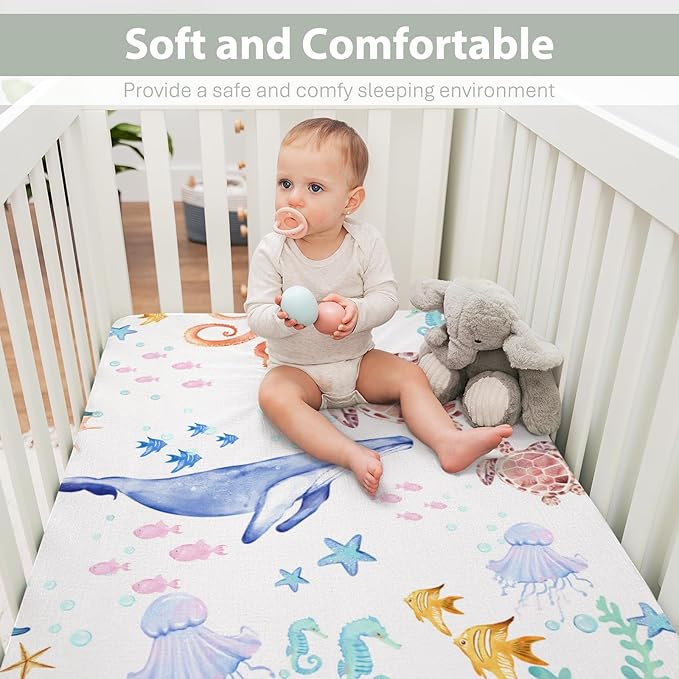 Colorful Ocean Animals Baby Crib Sheets for Boy Girl 52x28 Whale Turtle Jellyfish Sea Horse Corals Soft Snug Fitted Crib Mattress Cover Marine Animals Baby Sheet for Standard Crib & Toddler Mattress