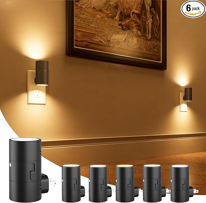NIORSUN Night Lights Plug into Wall, Dimmable with 3 Color Modes & Auto On/Off Sensor, Ultra-Slim Nightlight for Hallway, Bathroom, Bedroom, Nursery, Kitchen (6 Pack, Black)