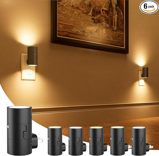 NIORSUN Night Lights Plug into Wall, Dimmable with 3 Color Modes & Auto On/Off Sensor, Ultra-Slim Nightlight for Hallway, Bathroom, Bedroom, Nursery, Kitchen (6 Pack, Black)