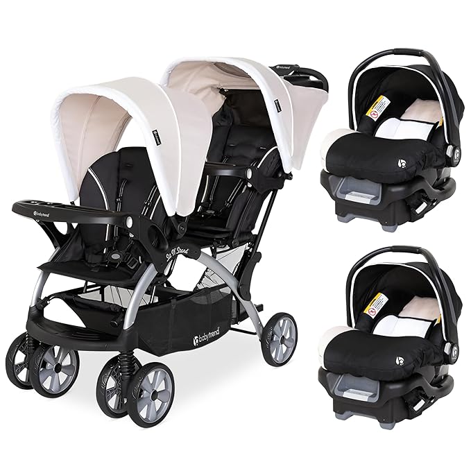 Baby Trend Infant and Toddler Double Stroller & 2 Car Seat Combo, 3 Pc Set, Khaki - Portable and Lightweight Stroller Duo and Car Seat Travel System Tandem