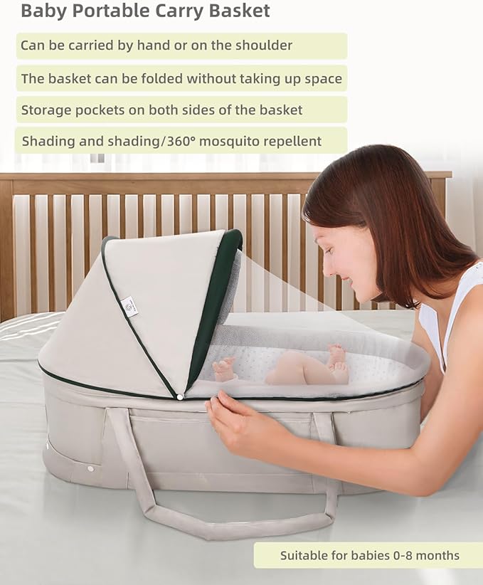 Baby Travel Bassinet Portable Bassinet with 2 in 1 Canopy for Newborn - Light Grey