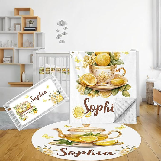 Personalized Baby Crib Bedding Set, 3 Pcs Custom Nursery Bedding Set with Name, Soft Baby Crib Set with Double Layer Blanket for Boys Girls, Customized Gifts for Infants Toddlers, Yellow Lemon