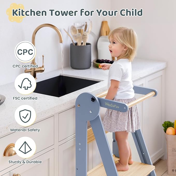 WeeGuruu Toddler Step Stool, Wooden Fold-able Standing Tower Kitchen Helper for Countertop, Bathroom, Montessori Kids Stool with Height Adjustable Platform for Ages 18 Mons to 6 Years Learning Skills