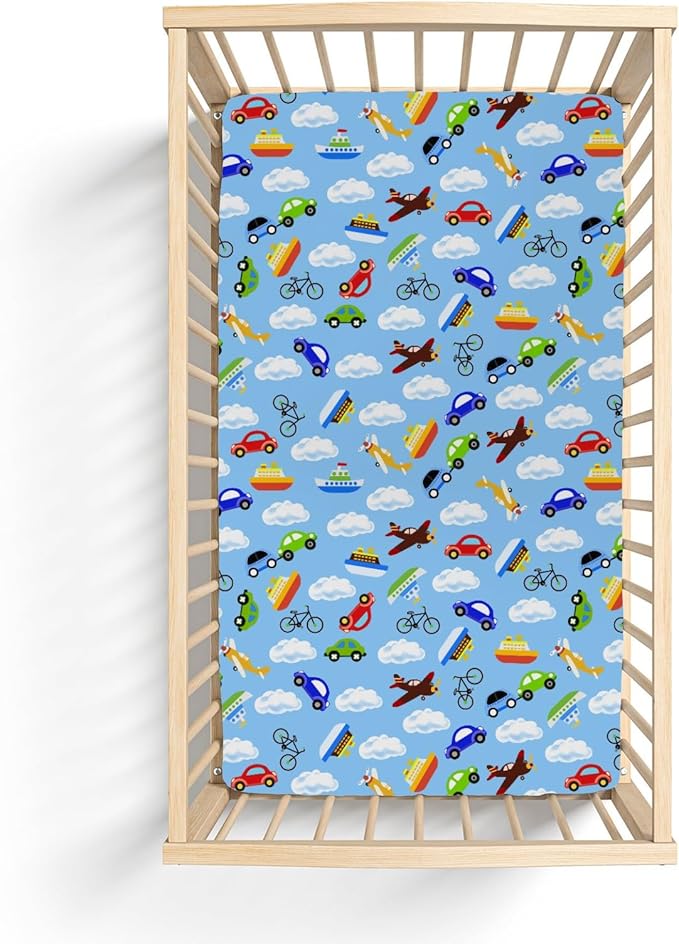 Planes Automobiles Transport Baby Crib Sheets for Boy Girl 28"x52" Airplanes Boats Bike Car Clouds Blue Soft Stretchy Fitted Crib Mattress Cover Travel Baby Sheet for Standard Crib & Toddler Mattress