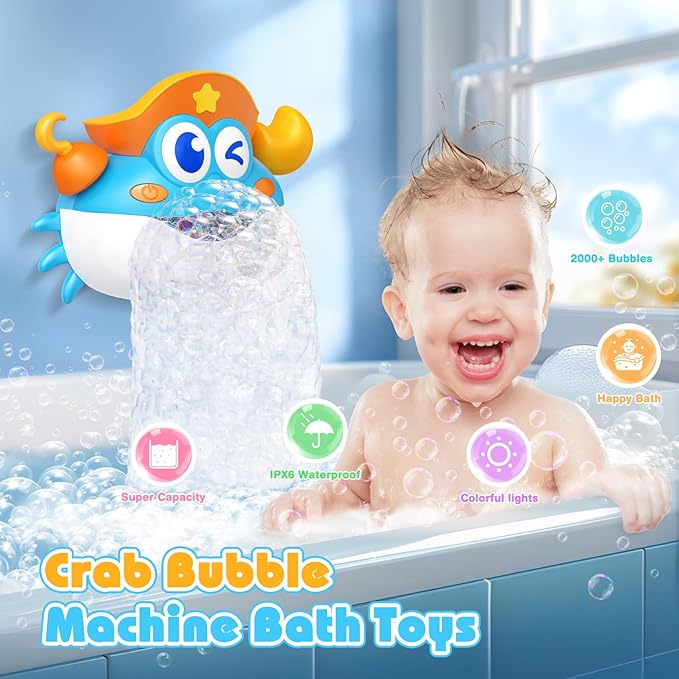 Bath Toys,Rechargeable Crab Baby Bath Toys Light Up Bath Bubble Machine with Colourful RGB Light Great Birthday Gift for Boys and Girls Toddler Toy for Kids Ages 1-3 4-8