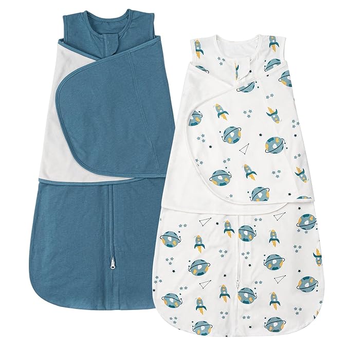 ZIGJOY Sleep Sack Swaddle 0.5 TOG Baby Wearable Blanket 100% Cotton Baby Swaddle Blanket for Newborns 0-6 Months for Boy Girl, Blue&Space